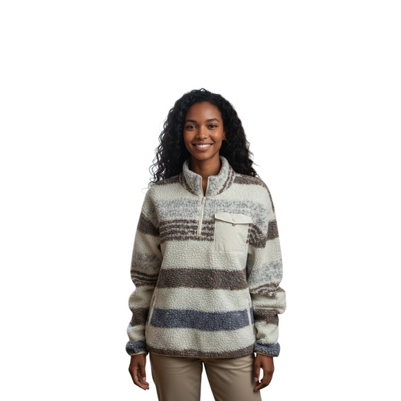 Marika Striped Fleece Pullover Women's Quarter Zip Sherpa Beige Brown Cozy L - Picture 1 of 11
